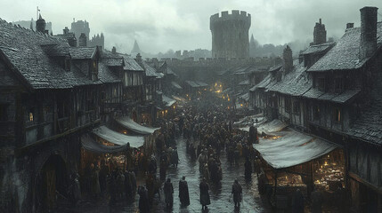 bustling medieval marketplace with wooden stalls, townsfolk, and castle backdrop creates lively