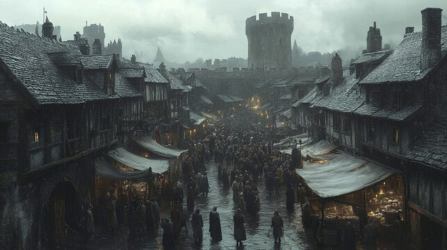 bustling medieval marketplace with wooden stalls, townsfolk, and castle backdrop creates lively