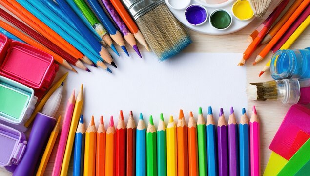 Colorful art supplies arranged around blank paper