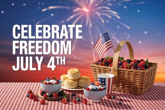 Festive july 4th celebration image featuring american flag and delicious food on a picnic table
