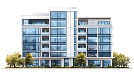 Isolated illustration of a modern office and condominium apartment building with a transparent background.