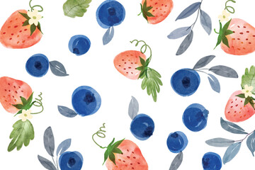 Berries watercolor art pattern frame background. Sweet strawberry in frame. Vector illustration. blueberry and strawberry pattern. Fruit berry background. Summer fruit texture