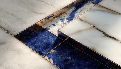 Close-up of a marble tile corner with a navy blue accent and gold trim