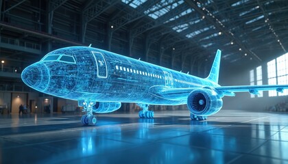 Illustration AI-enabled airplane in modern aircraft hangar. Digital blueprint, neon blue lines, futuristic tech concept for innovation in aviation, air travel, aerospace. Smart, automated passenger