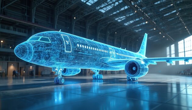 Illustration AI-enabled airplane in modern aircraft hangar. Digital blueprint, neon blue lines, futuristic tech concept for innovation in aviation, air travel, aerospace. Smart, automated passenger