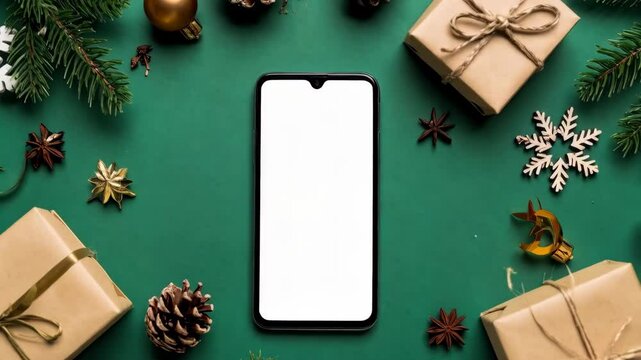 Smartphone with blank white screen surrounded by Christmas presents, pine cones, ornaments, and evergreen boughs on a green surface.