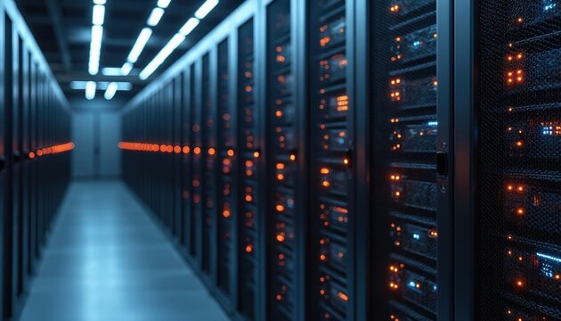 Contemporary data center server room with high-tech equipment. Blue orange LED lights indicate active network connections. Information technology, data transfer, cloud computing, processing, storage.