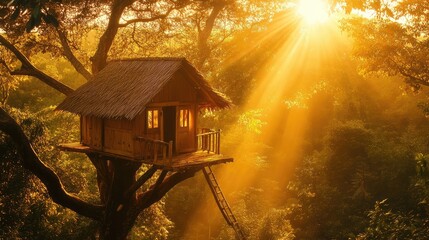 Tree house surrounded by golden-hour light filtering through tall trees
