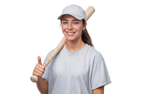Smiling young woman in casual sportswear holding a baseball bat over her shoulder, showing a thumbs-up gesture, isolated on transparent background