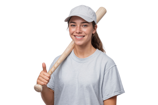 Smiling young woman in casual sportswear holding a baseball bat over her shoulder, showing a thumbs-up gesture, isolated on transparent background