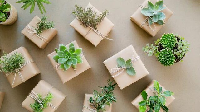 Eco-friendly gifts Small potted succulents adorn brown paper-wrapped presents, tied with twine