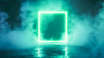 Glowing green neon square, lightning strike, smoky studio, background