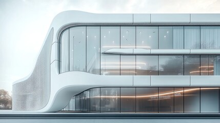 Minimalist office building facade with parametric design and futuristic architectural elements in 8K detail