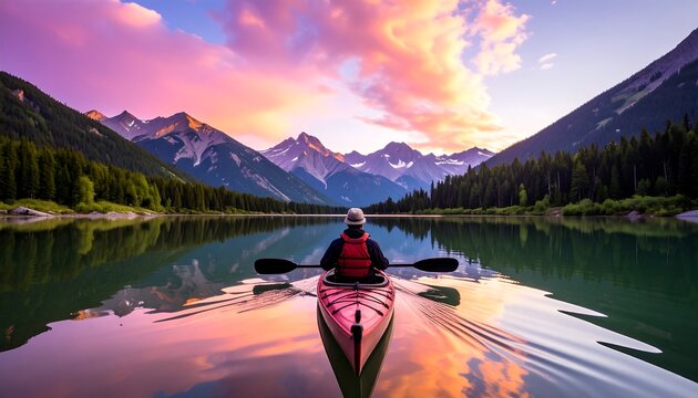 Kayaker at Sunrise on a Mountain Lake - Powered by Adobe