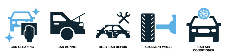 Set of automobile icon vector for various vehicle types, driving tools, and transport symbols. Ideal for UI kits, fleet dashboards, and auto shop interfaces.