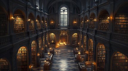 Obraz premium grand library with vaulted ceilings, wooden shelves, and warm lighting creates serene atmosphere