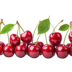 Closeup of ripe red cherries with green leaves isolated on delicious sweet summer fruit healthy food photography studio shot vibrant colors nature theme image on transparent background row