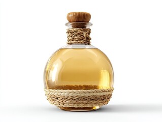 A beautifully crafted glass bottle filled with a golden liquid, elegantly wrapped with natural fibers, perfect for showcasing premium beverages.