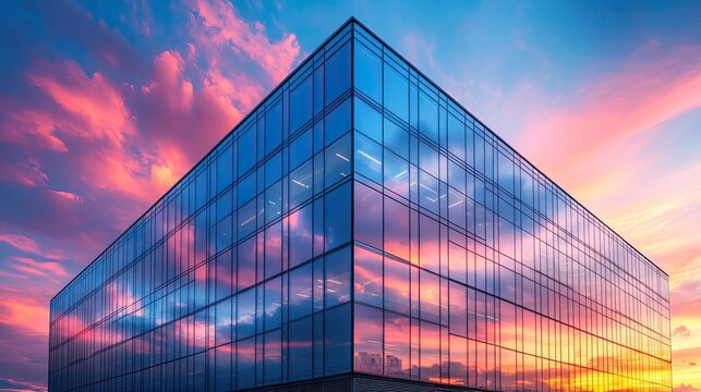 Modern high-rise office building with glass windows reflecting a vibrant sunset and urban cityscape. - Powered by Adobe