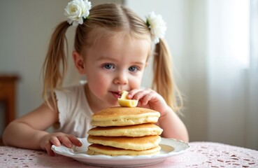 Adorable little girl enjoys pancakes. Blonde child eats delicious breakfast at home. Happy kid has fun, smiles at camera. Sweet moment of a cute child with syrup on tasty cakes. Healthy food, diet.