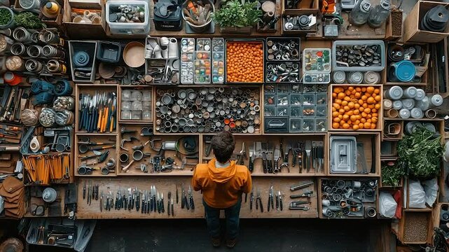 Overhead view of a person standing before meticulously organized collection of tools and objects in wooden crates
