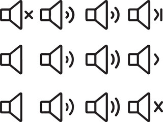 A set of 10 black and white vector sound volume icons (mute, low, medium, high, with cross, with waves), minimal and modern, isolated on white background.