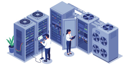 Modern data center with it professionals managing network servers vector illustration
