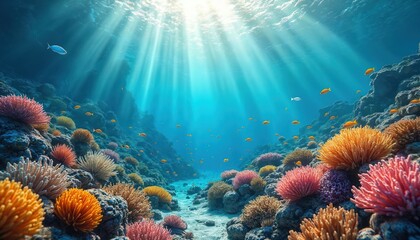 Naklejka premium Vibrant coral reef scene under the sea with sunlight rays. Colorful coral, diverse fish species. Aquatic life in tropical water. Marine ecosystem scenery.