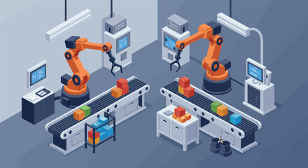 Fototapeta premium Automated manufacturing robotics and conveyor systems in a modern factory setting vector illustration