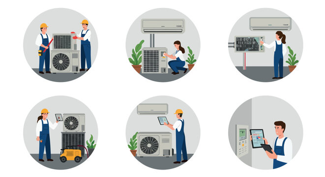 Air conditioning installation and maintenance service with technicians vector illustration