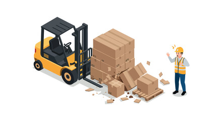 Warehouse safety incident with forklift operator and fallen boxes vector illustration © Santiago