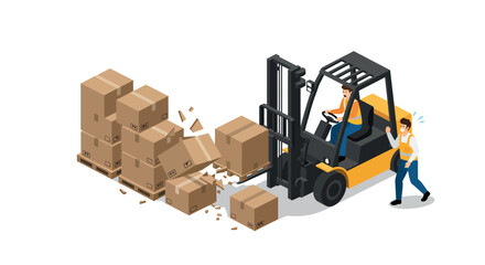 Forklift accident concept showing safety alert with driver and worker in warehouse environment vector illustration © Santiago