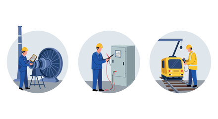 Industrial maintenance and safety: engineers operating machinery and conducting electrical inspections vector illustration