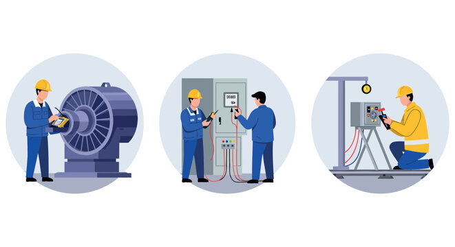 Electrical engineering and maintenance professionals working on equipment and control panels vector illustration