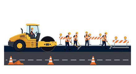 Road construction crew and machinery at work on highway maintenance project vector illustration © Santiago