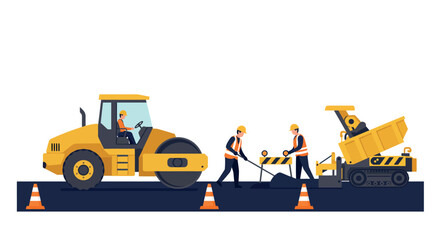 Road construction scene with workers operating heavy machinery for infrastructure development vector illustration