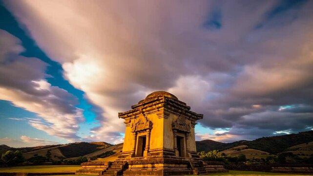 Ancient temple at sunset with moving clouds