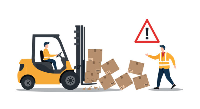 Workplace safety and accident prevention with forklift and fallen boxes vector illustration