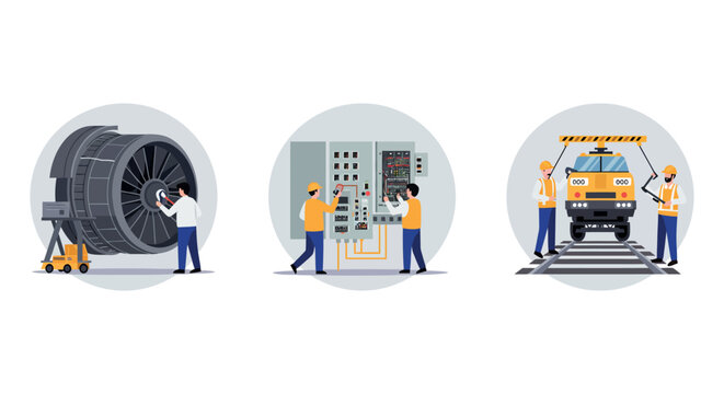 Industrial equipment maintenance and engineering concept for technical training and safety vector illustration