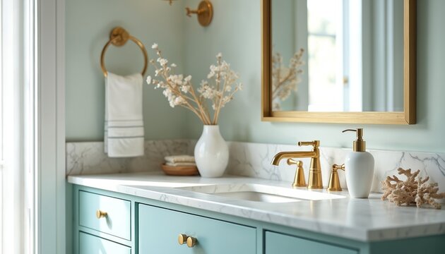 Modern beach house interior design bathroom. Mirror, sleek, contemporary, coastal home decor. Stylish, relaxing, clean minimalist design with gold accents, sea coral, natural light. Fresh, bright,