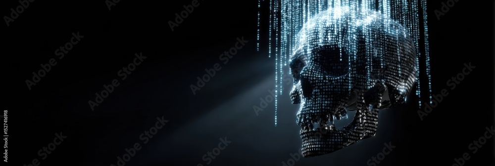 Poster 3d skull forming from phishing code stream in a dimly lit environment showcasing digital security th