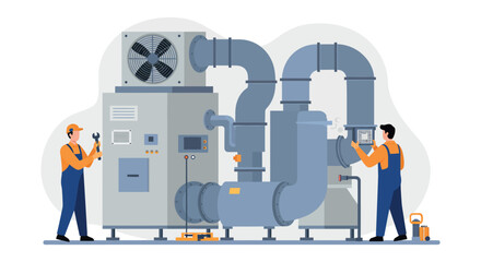 Industrial hvac maintenance and repair with professional technicians in a facility setting vector illustration