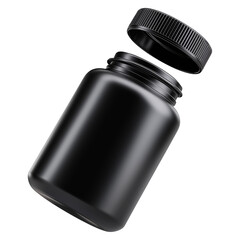 Black plastic pill or supplement container with screw cap isolated on white transparent background, concept of packaging and product branding