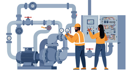 Engineers monitoring industrial water pipeline system for efficient operation vector illustration