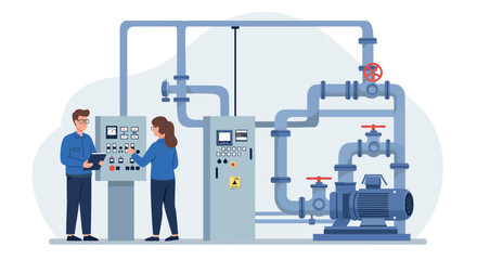 Fototapeta premium Industrial control system engineers operating equipment in utility plant setting vector illustration