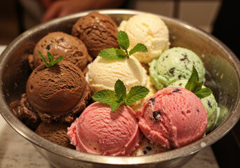Ice cream scoops are stacked in bowl featuring flavors like chocolate vanilla strawberry mint and mint leaves