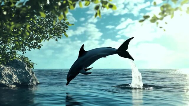 Animation of dolphin jumping into the sea, nature and summer vibes