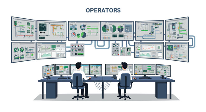 Control room operators monitoring industrial operations on multiple screens vector illustration