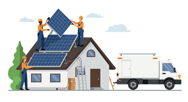 Sustainable energy solutions with solar panel installation on residential rooftop vector illustration