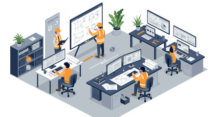 Obraz premium Modern engineering office with workers collaborating on technical drawings and projects vector illustration